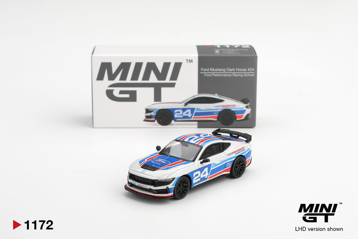 Mini GT 1/64 Ford Mustang Dark Horse #24 Ford Performance Racing School White & Blue - MGT01172