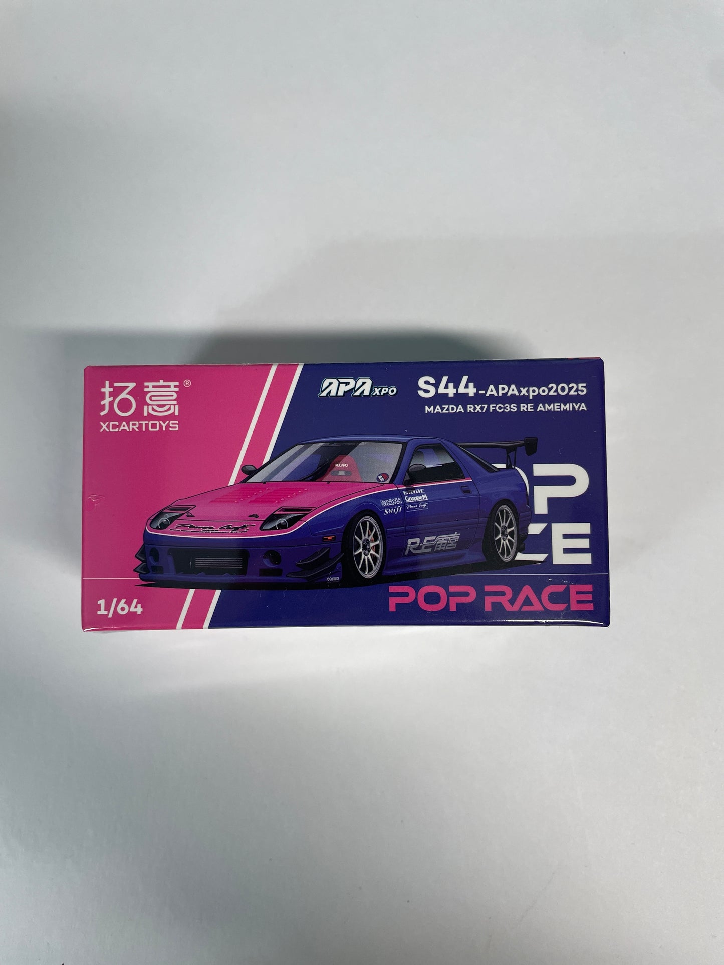 Pop Race 1/64 APA XPO 2025 Exclusive Model Mazda RX7 FC3S RE Amemiya Blue & Pink - S44-APAxpo2025