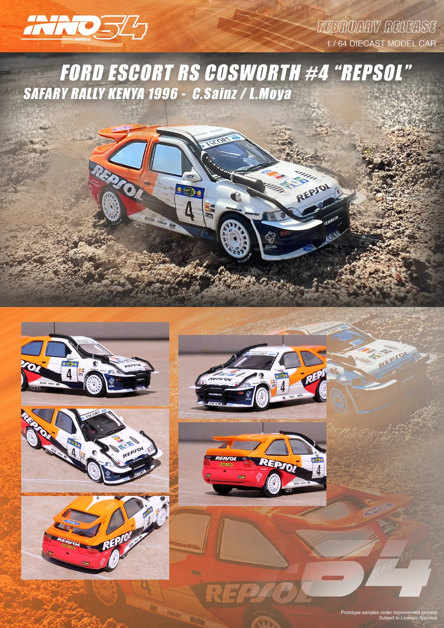 Inno64 1/64 Ford Escort RS Cosworth #4 "Repsol" Safary Rally Kenya 1996 White & Orange