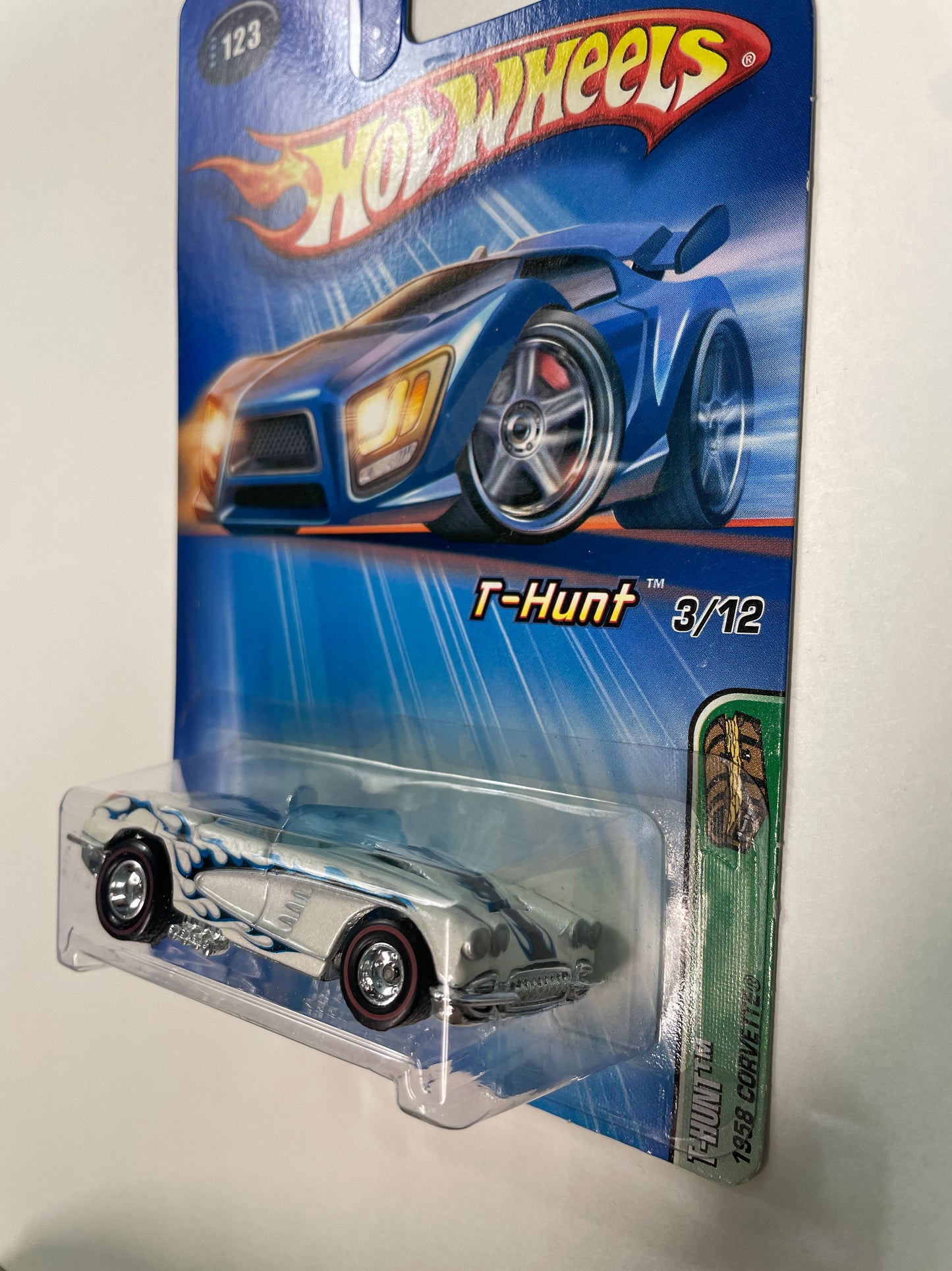 Hot Wheels 1/64 Treasure Hunt 1958 Corvette (Redline Tires) White & Blue - Damaged Card