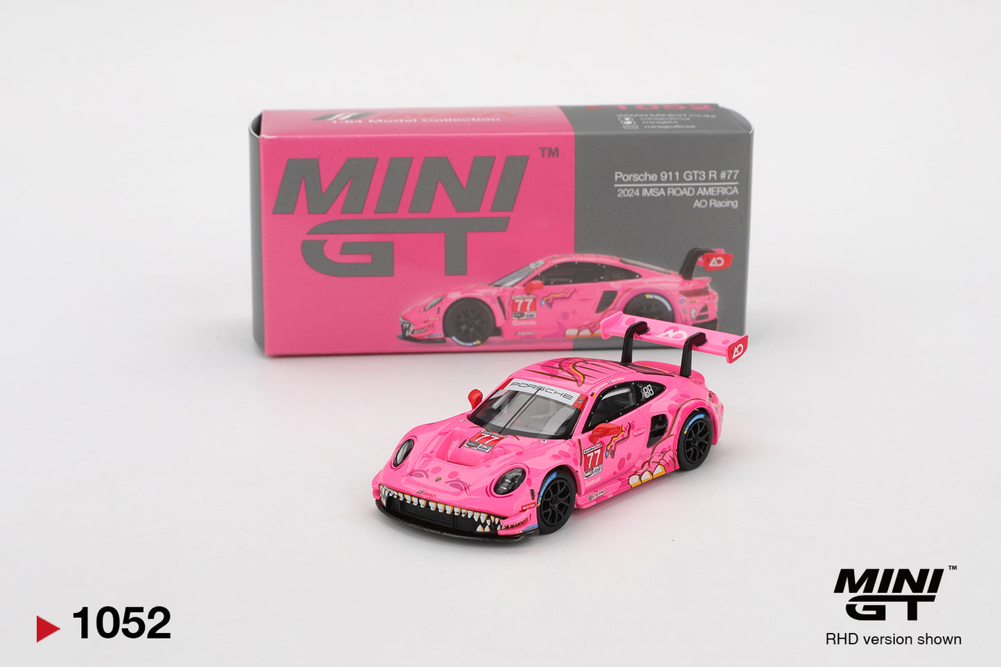 Mini GT 1/64 Porsche 911 GT3 R #77 2024 IMSA Road America AO Racing Pink - MGT01052