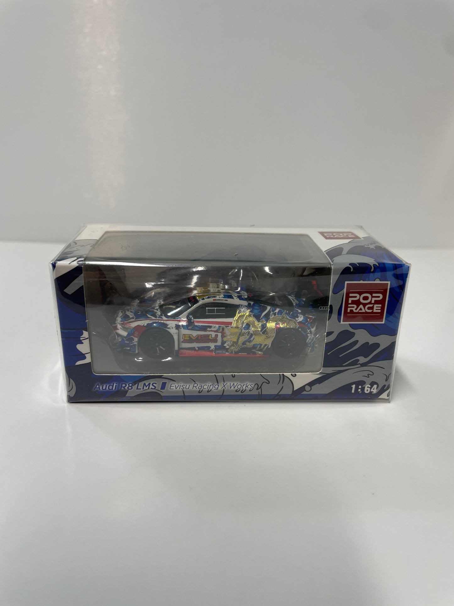 Pop Race 1/64 Audi R8 LMS Evisu Racing X Works Macau GT Cup 2020 Marchy Lee Presentation Car Blue & White - PR64-R8LMS-EVISU