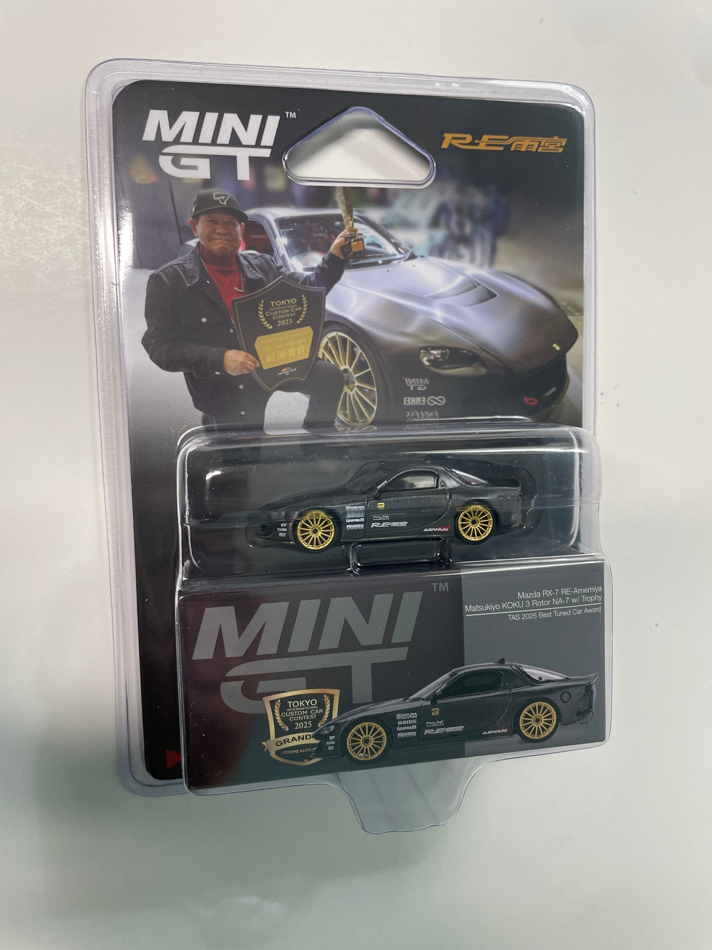 Mini GT 1/64 Tokyo Auto Salon 2026 Mazda Rx-7 RE-Amemiya Matsukiyo Koku 3 Rotor NA-7 w/ Trophy TAS 2025 Best Tuned Car Award Black - MGT01154-BL