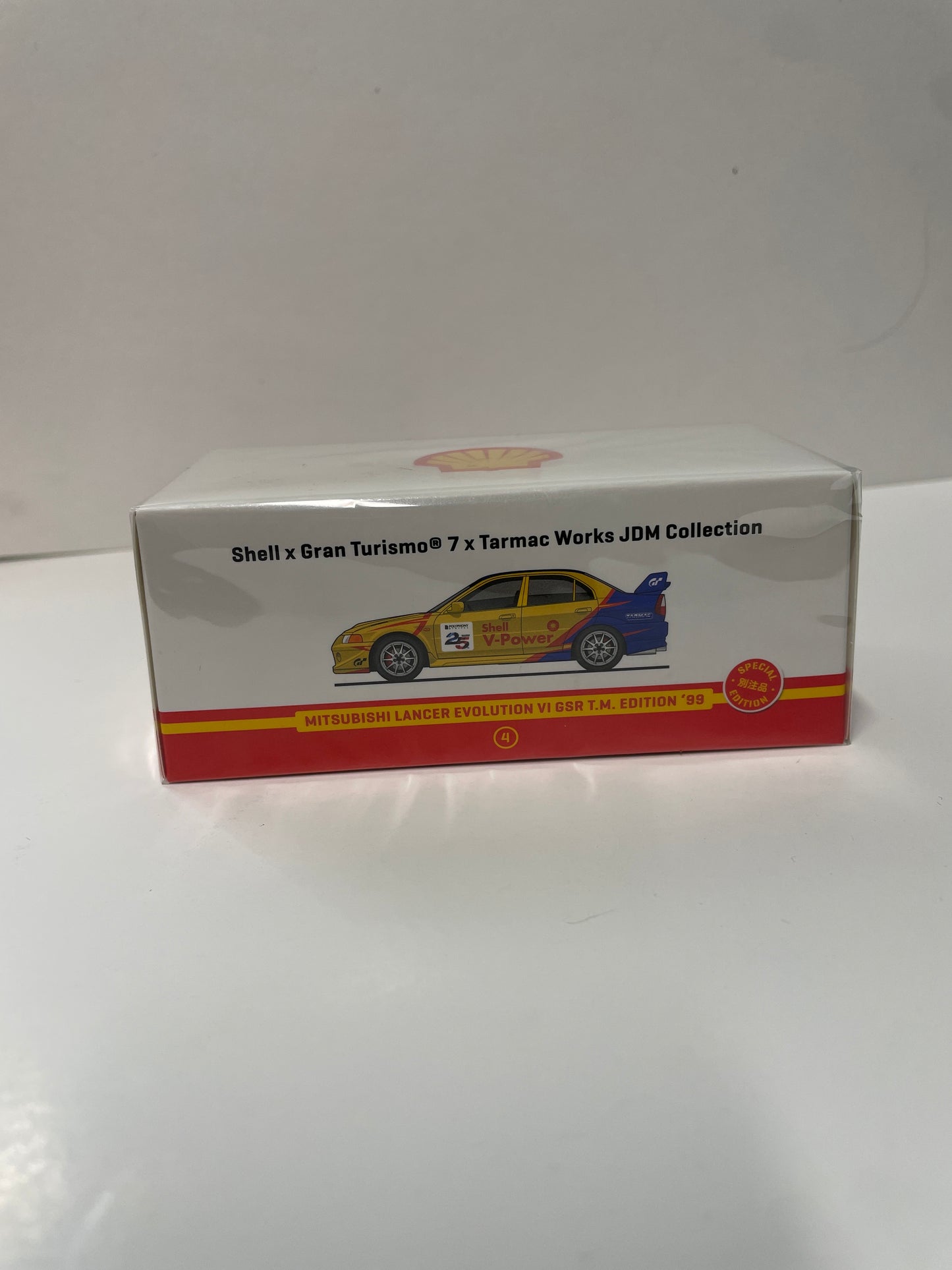 Tarmac Works 1/64 Mitsubishi Lancer Evolution VI GSR T.M. EDITION 1999 Shell – Gran Turismo 7 – JDM Collection Yellow & Blue - T64-021-SS22
