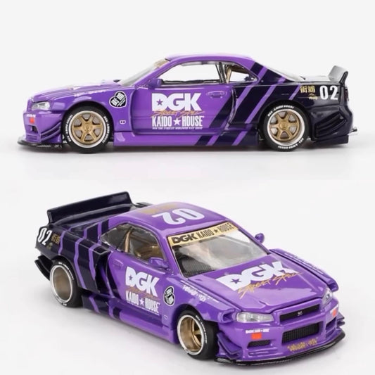 Mini GT x Kaido House 1/64 DGK Racing Squad Nissan Skyline GT-R (R34) Kaido Works x DGK V1 Purple