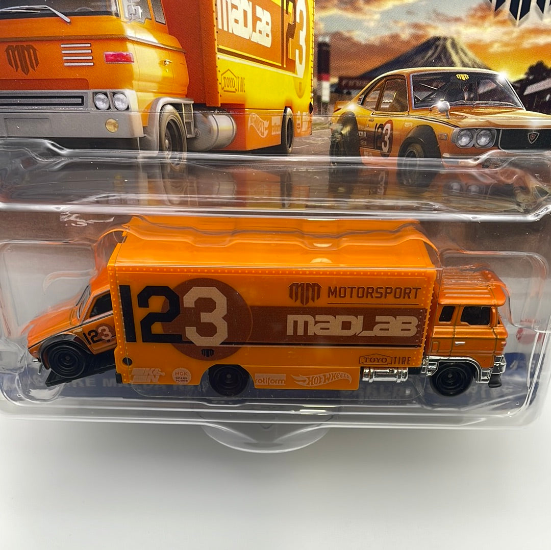HOT WHEELS PREMIUM TEAM TRANSPORT, MAD MIKE MAZDA RX3 GT & SAKURA HOT WHEELS PREMIUM TEAM TRANSPORT, MAD MIKE MAZDA RX3 GT & SAKURA