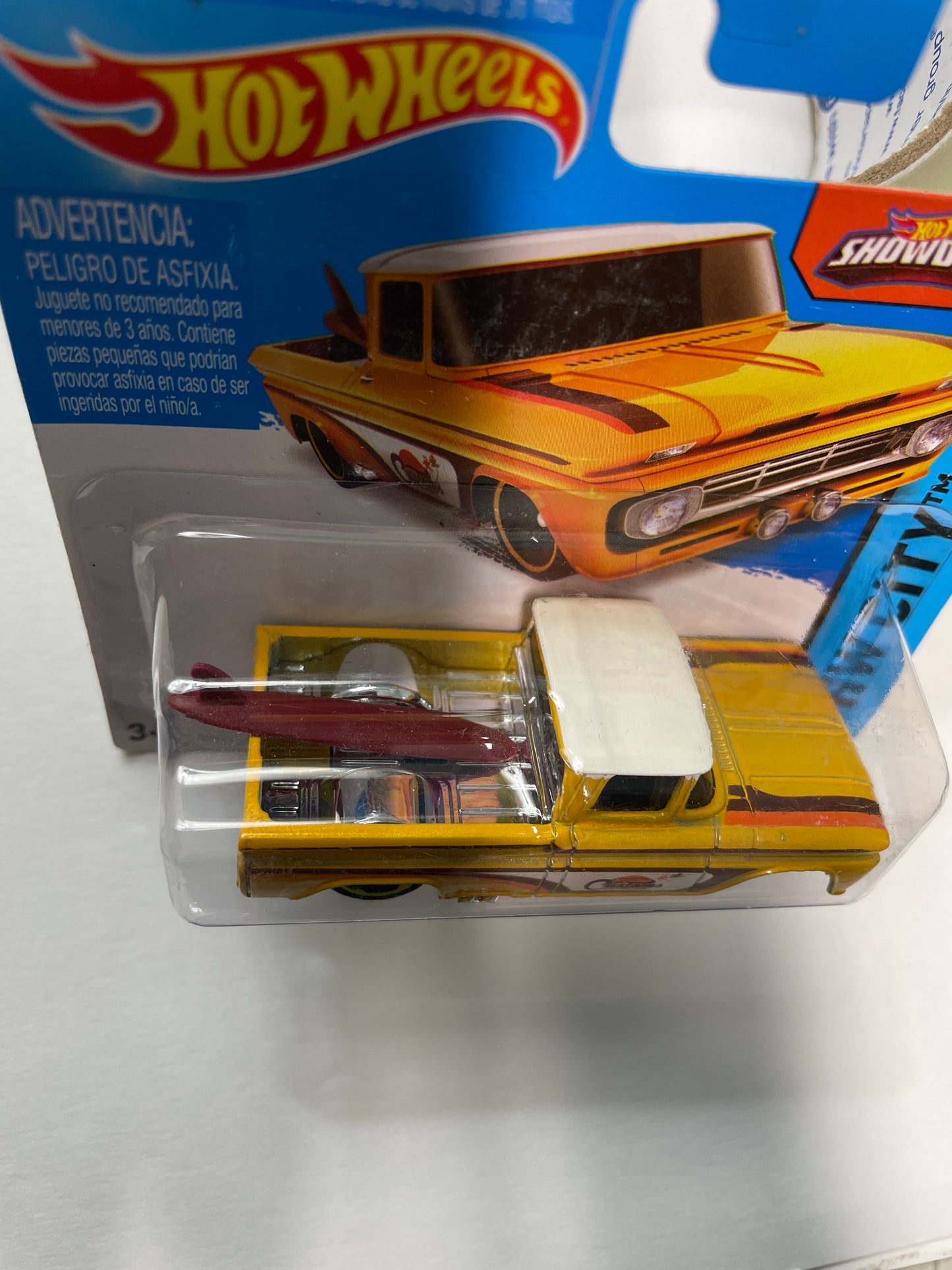 Hot Wheels 1/64 Custom ‘62 Chevy Short Card Yellow - Damaged Box
