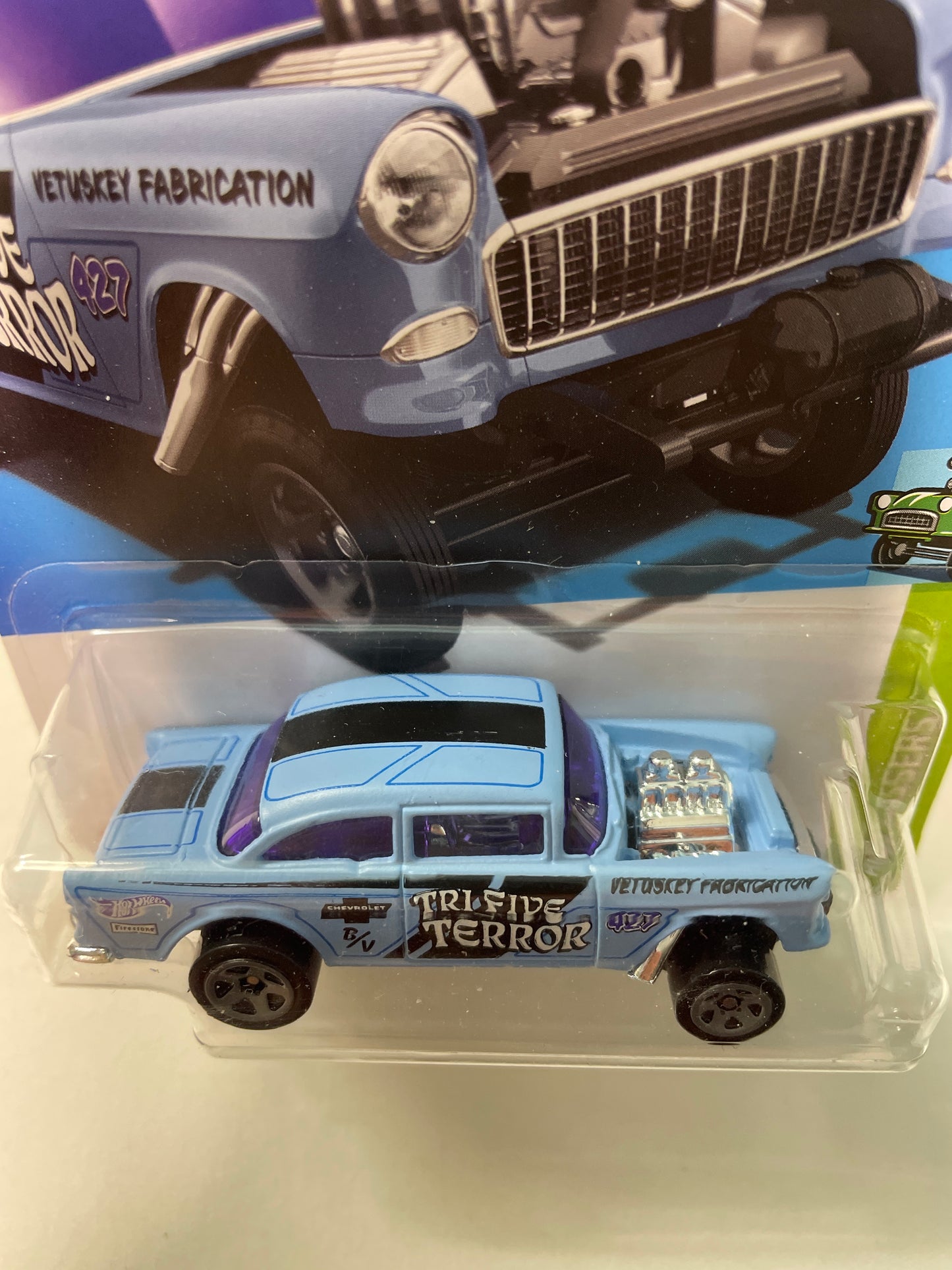 Hot Wheels 1/64 ‘55 Chevy Bel Air Gasser Blue - Damaged Box