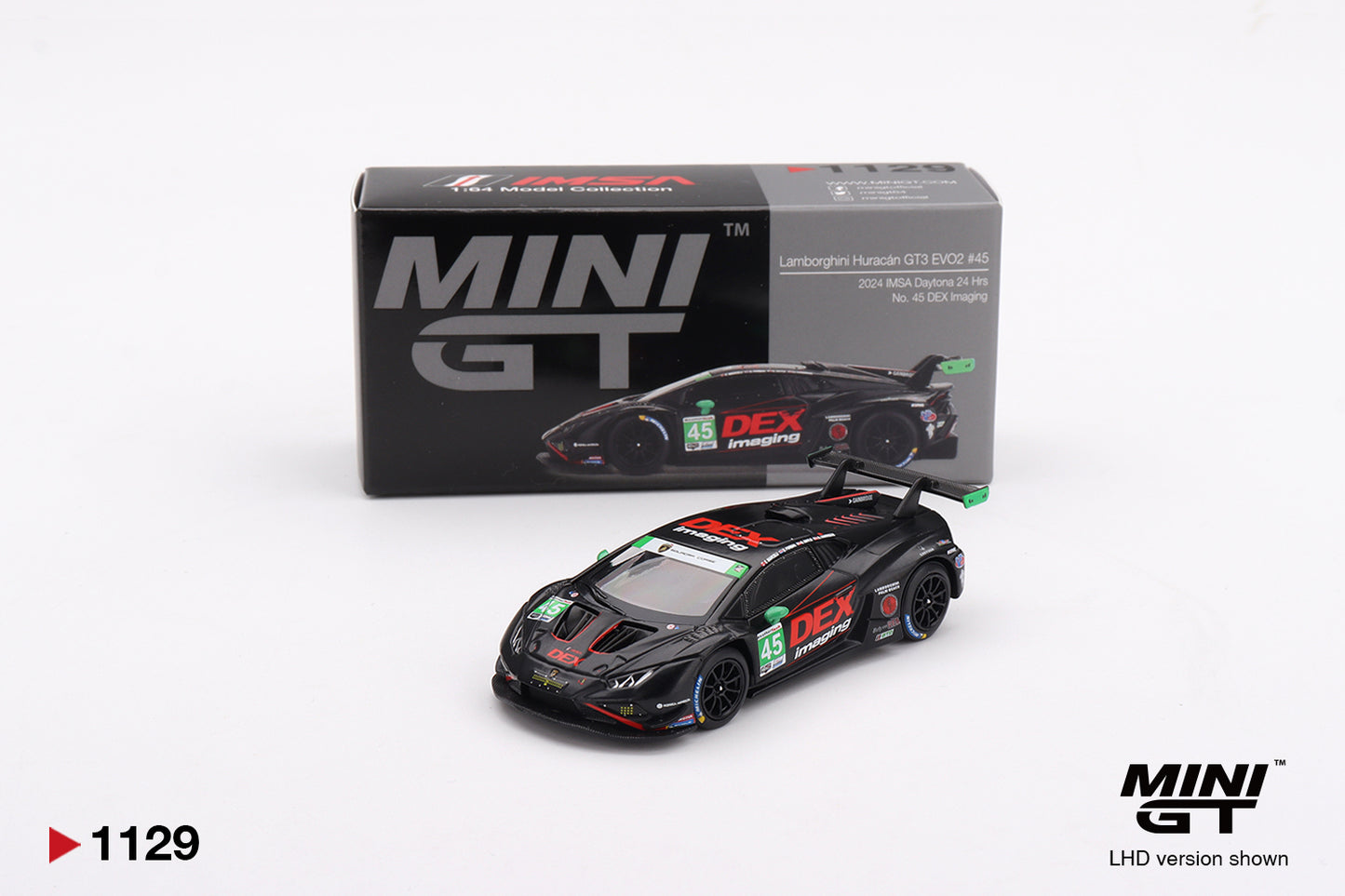 Mini GT 1/64 Lamborghini Huracán GT3 EVO2 #45 2024 IMSA Daytona 24 Hrs No. 45 DEX Imaging Black - MGT01129