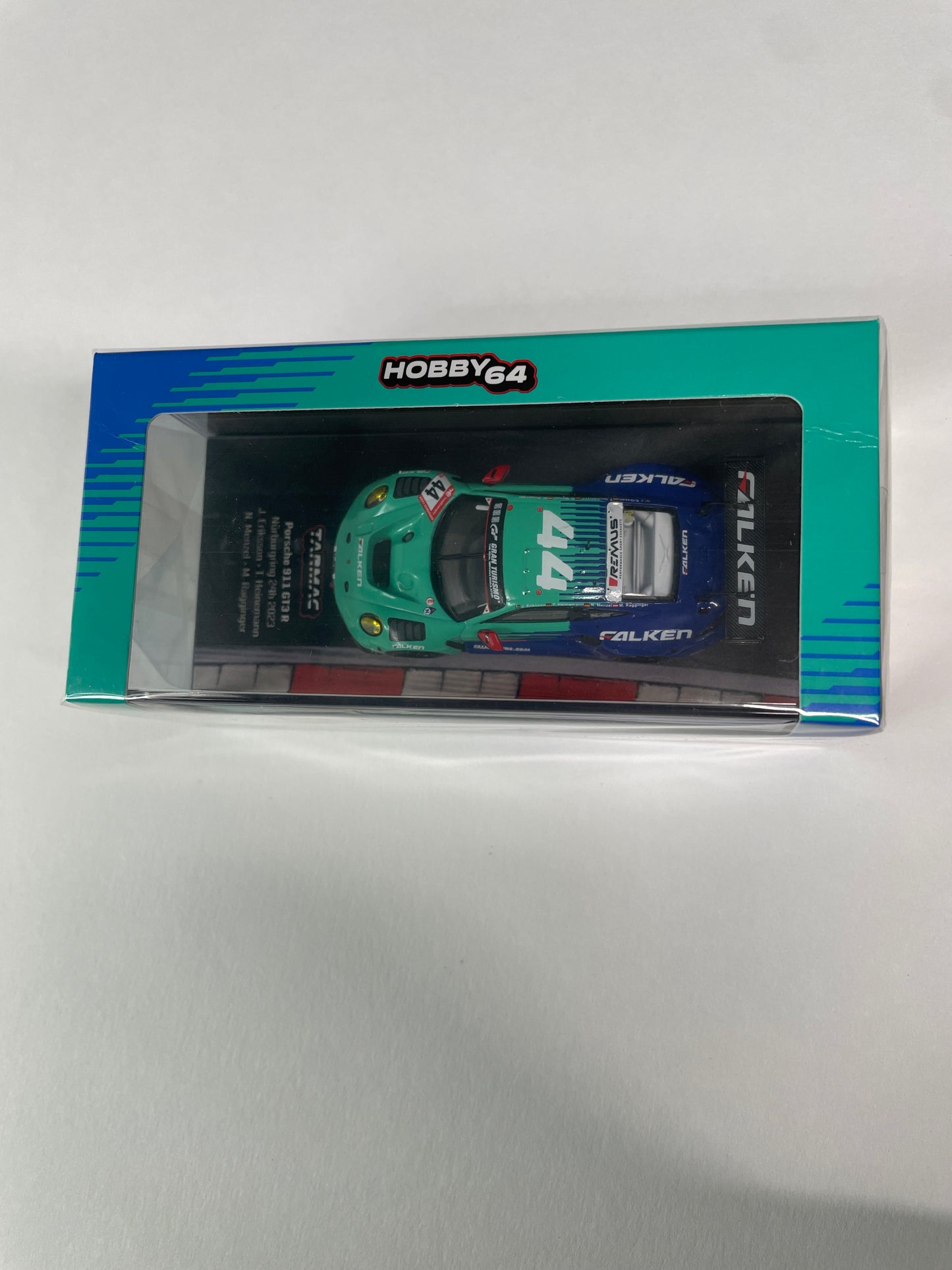 Tarmac Works X iXO Models 1/64 Porsche 911 GT3 R Nürburgring 24h 2023 n44 - HOBBY64 Green & Blue - T64-084-23NUR44 - Damaged Box