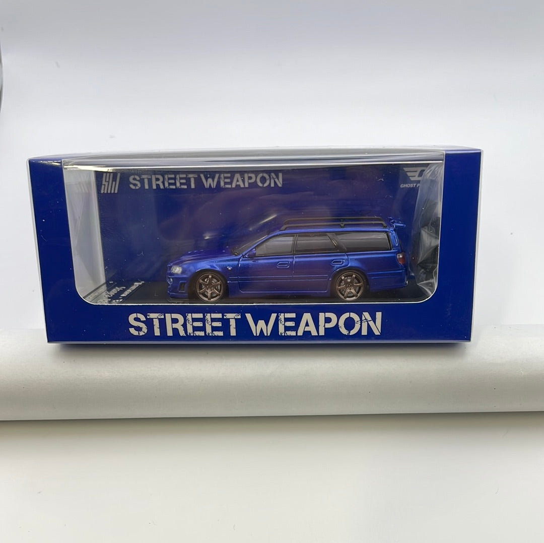 1/64 Street Weapon Nissan Stagea R34 w/ Extra Wheels & Roof Box Blue