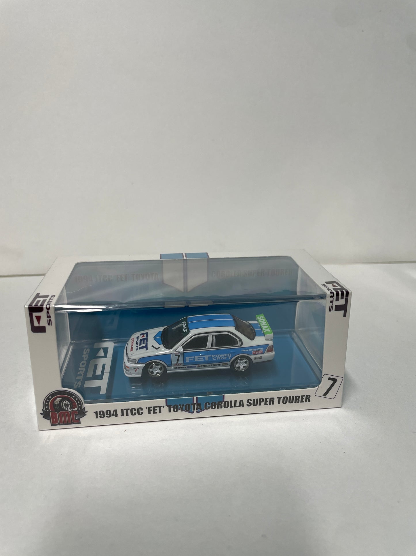 BM Creations 1/64 Toyota Corolla AE100 1994 JTCC FET Super Tourer #7 TMSC2025 White & Blue - 64B0454