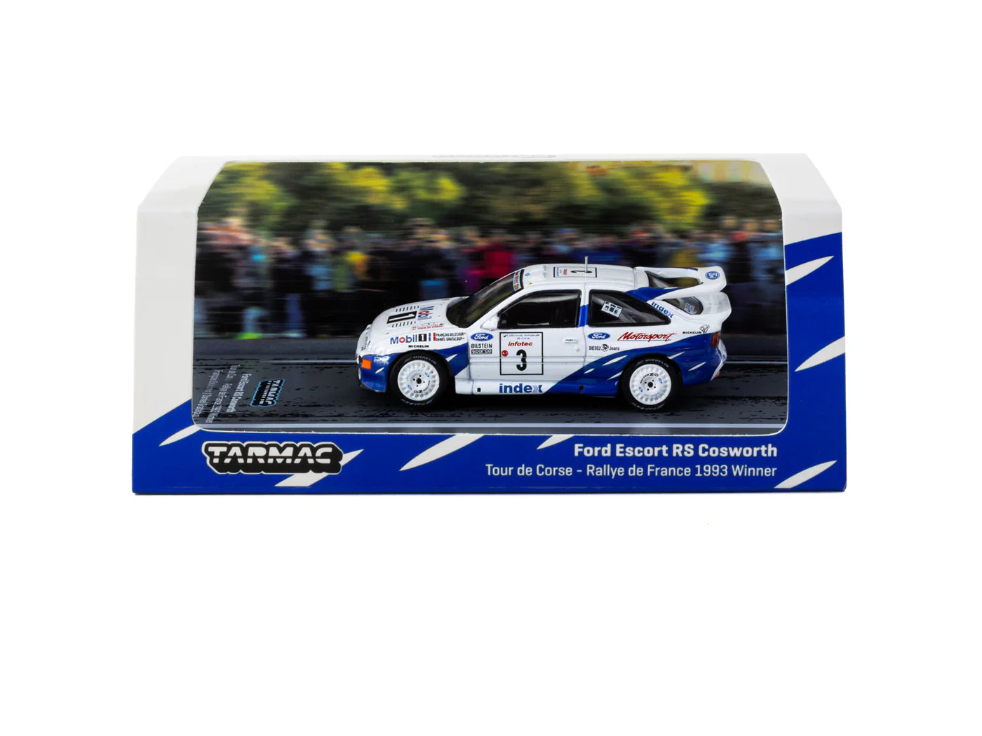 Tarmac Works 1/64 Ford Escort RS Cosworth Tour de Corse - Rallye de France 1993 Winner #3 HOBBY64 White & Blue - T64-081-93RDF03