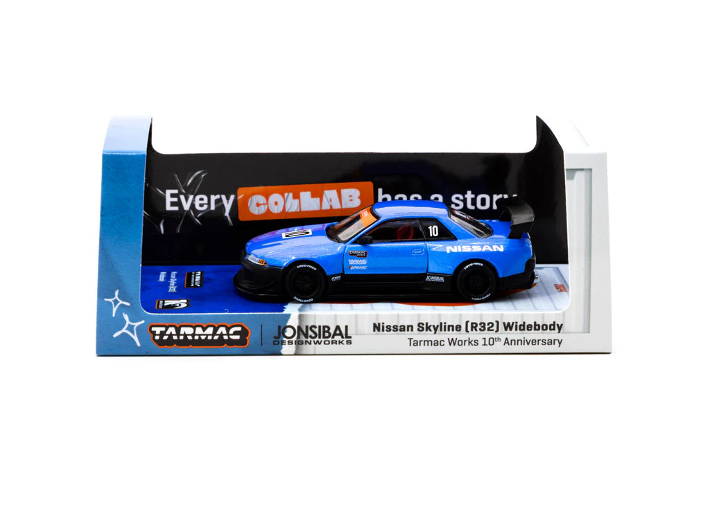 Tarmac Works 1/64 Nissan Skyline (R32) Widebody Tarmac Works 10th Anniversary - Designed by Jon Sibal - GLOBAL64 Blue - T64G-061-10TH