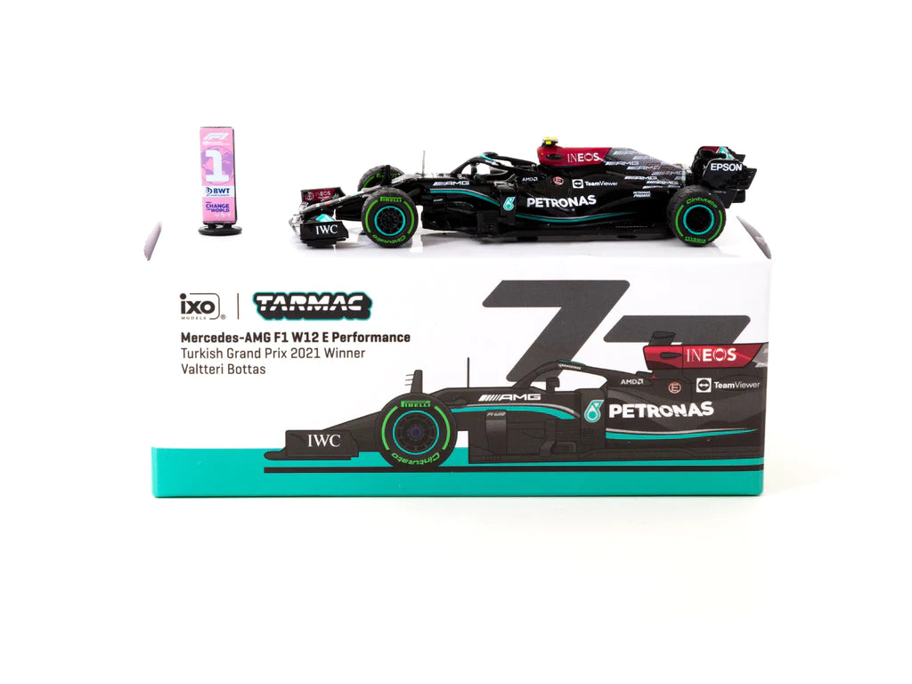 Tarmac Works 1/64 Mercedes-AMG F1 W12 E Performance Turkish Grand Prix 2021 Winner Valtteri Bottas #77 - GLOBAL64 Black