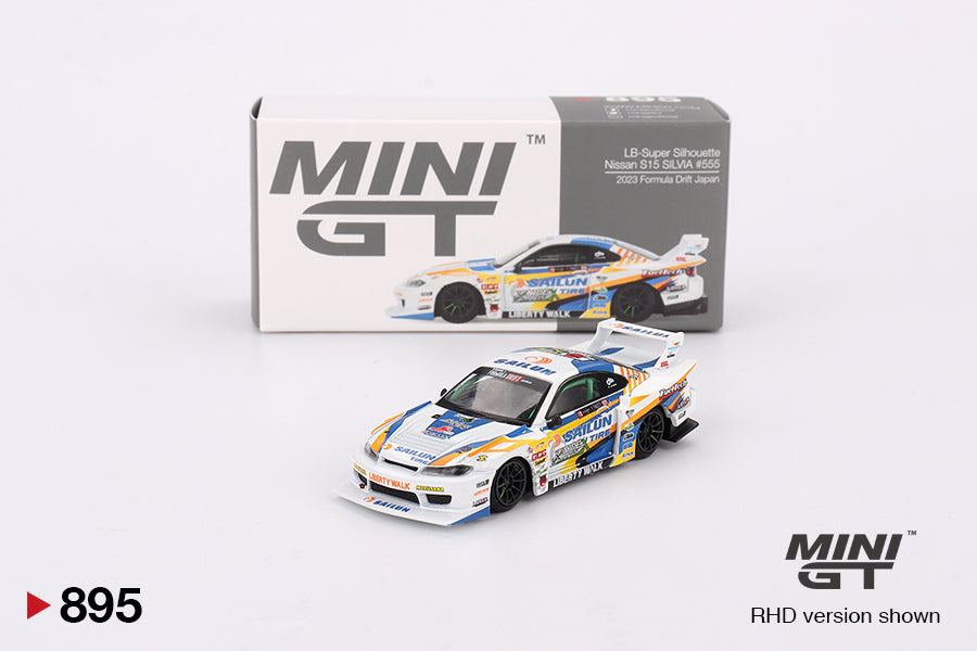 Mini GT 1/64 LB-Super Silhouette Nissan S15 SILVIA #555 2023 Formula Drift Japan White & Blue