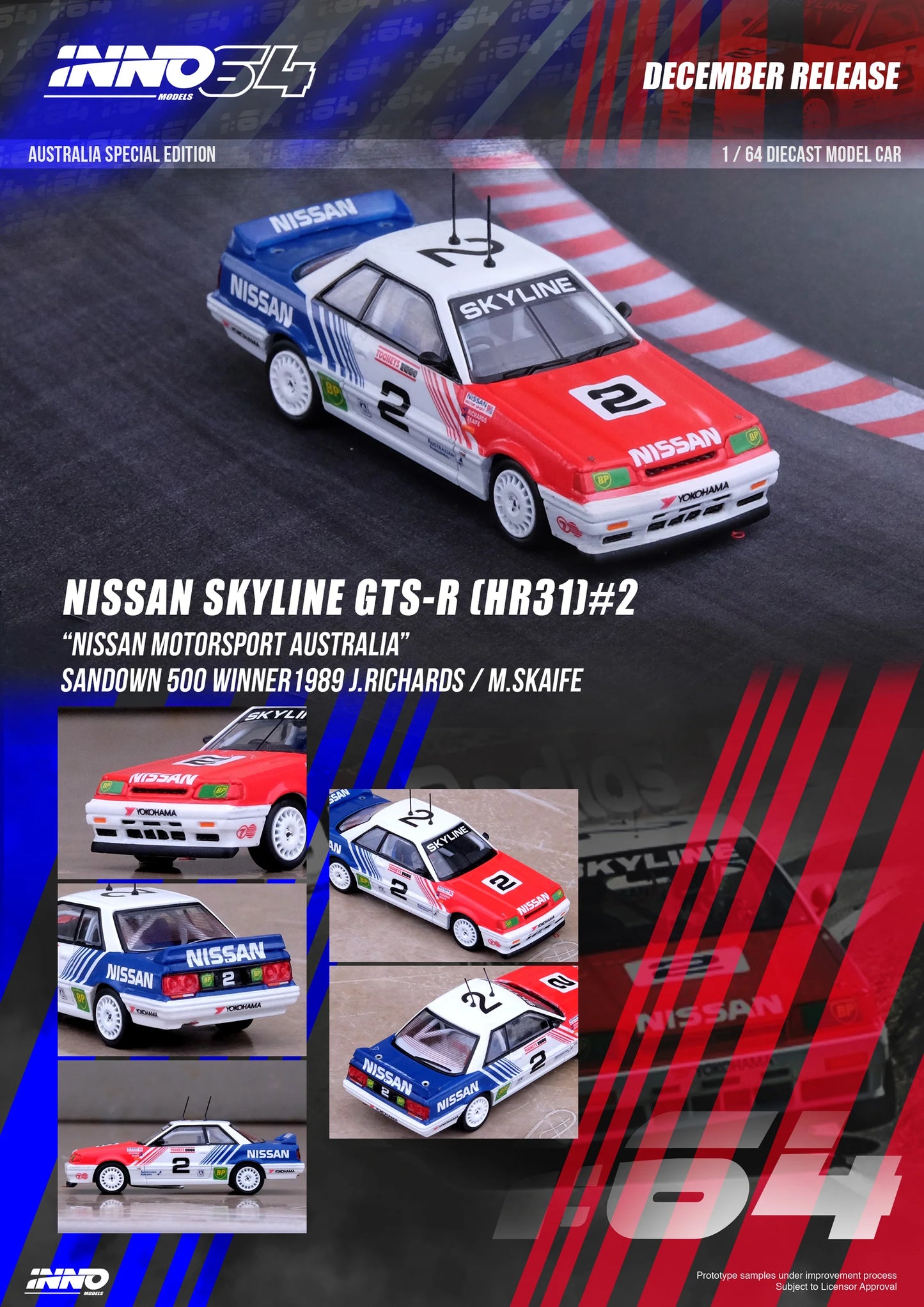 Inno64 1/64 Nissan Skyline GTS-R (HR31) #2 "Nissan Motorsport Australia" Red & White