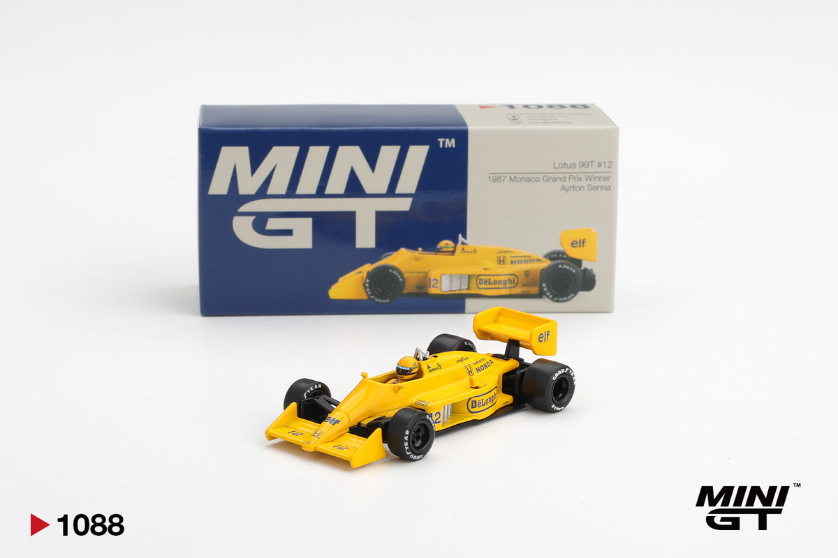 Mini GT 1/64 Lotus 99T #12 1987 Monaco Grand Prix Winner Ayrton Senna Yellow - MGT01088