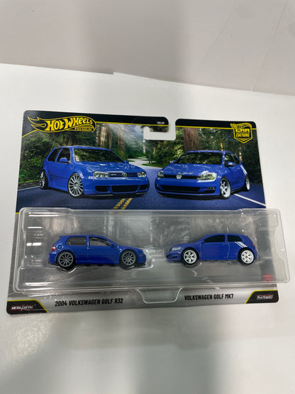 Hot Wheels 1/64 Premium Car Culture 2 Pack 2004 Volkwagen Golf R32 & Volkswagen Golf MK7 Blue - JHW49