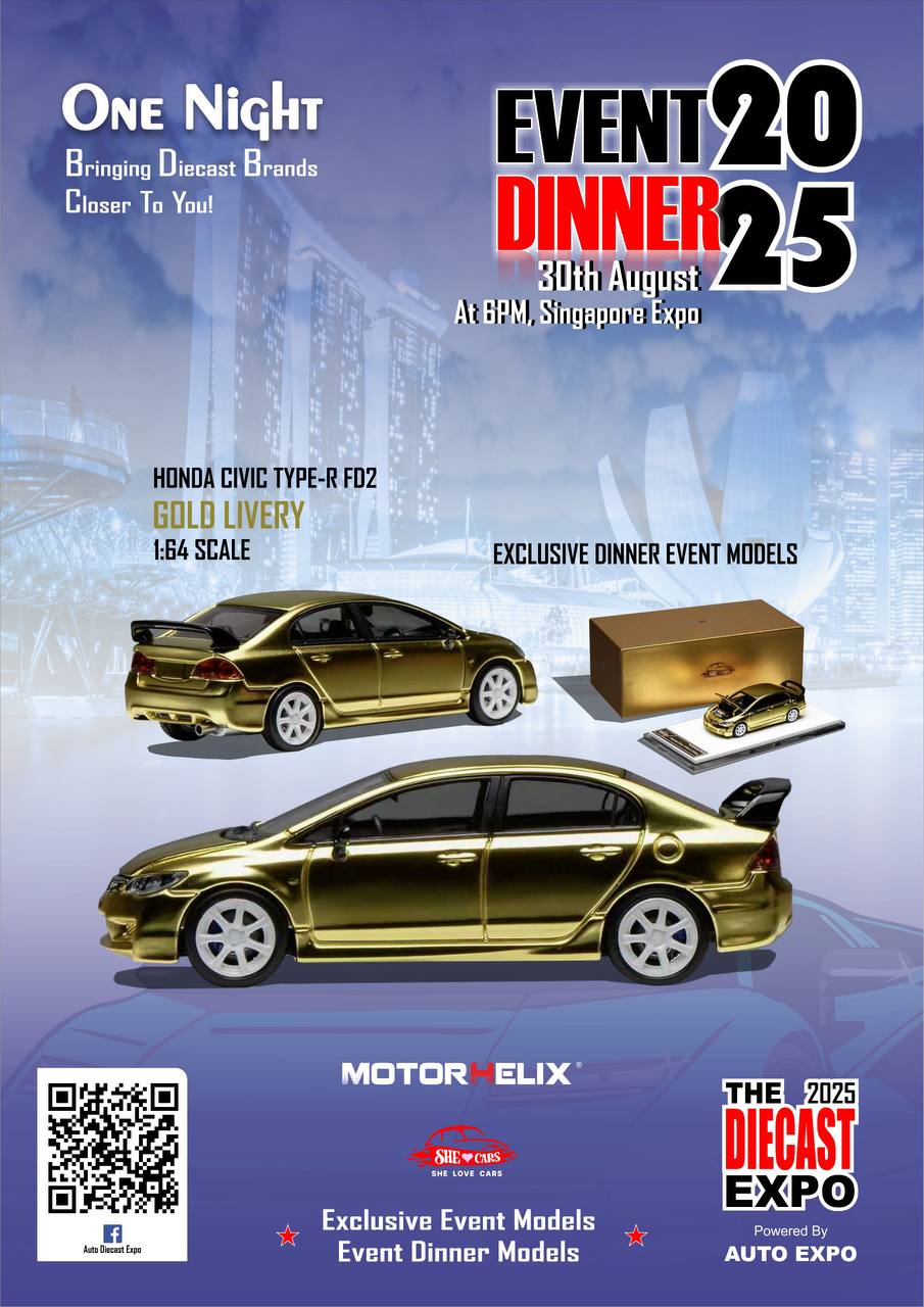 Motorhelix 1/64  Honda Civic Type R (FD2) Customized Chrome Paint Gold - The Diecast Expo 2025 Singapore Dinner Exclusive
