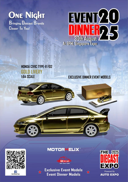Motorhelix 1/64  Honda Civic Type R (FD2) Customized Chrome Paint Gold - The Diecast Expo 2025 Singapore Dinner Exclusive