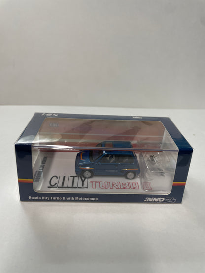 Inno64 1/64 Honda City Turbo II Blue w/ Motocompo - IN64-CITYII-BLU - Damaged Box