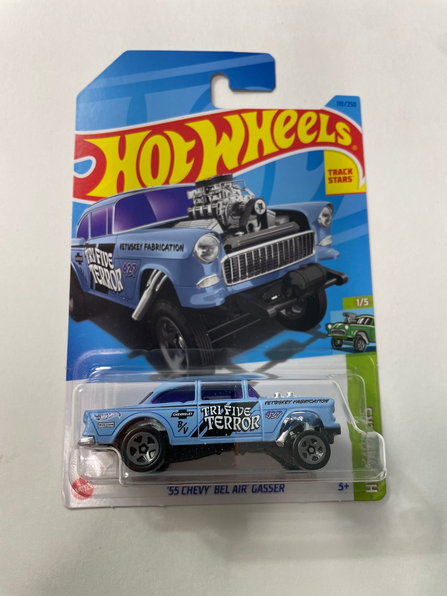 Hot Wheels 1/64 ‘55 Chevy Bel Air Gasser Blue - Damaged Box