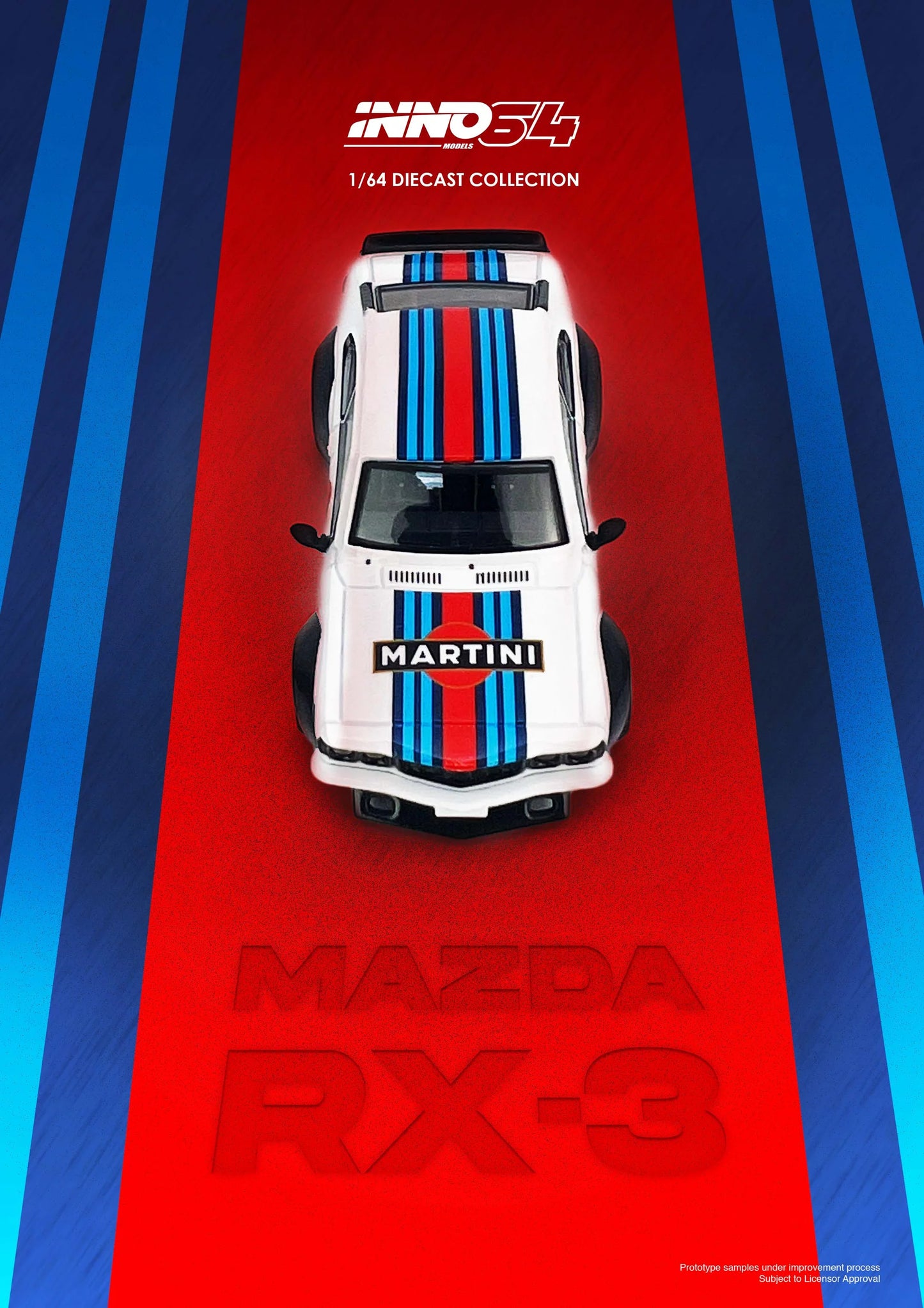 Inno64 1/64 Mazda Savanna RX-3 Martini Racing Livery White & Blue