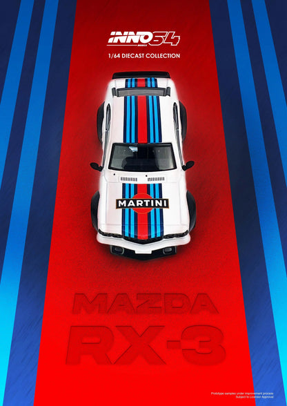 Inno64 1/64 Mazda Savanna RX-3 Martini Racing Livery White & Blue