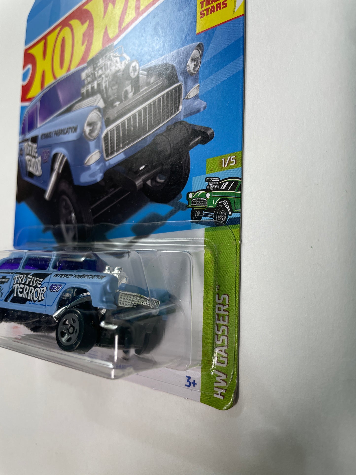 Hot Wheels 1/64 ‘55 Chevy Bel Air Gasser Blue - Damaged Box