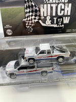 Greenlight 1/64 Racing Hitch & Tow 2023 Chevrolet Silverado 1500 & 1989 Chevrolet S-10 Baja w/ Flatbed Trailer White & Blue