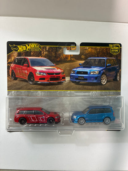 Hot Wheels 1/64 Premium Car Culture 2 Pack 2005 Mitsubishi Lancer Evolution IX Wagon/ Remorque Red & 2004 Subaru Forester STI Blue - JHW46 - Damaged Box