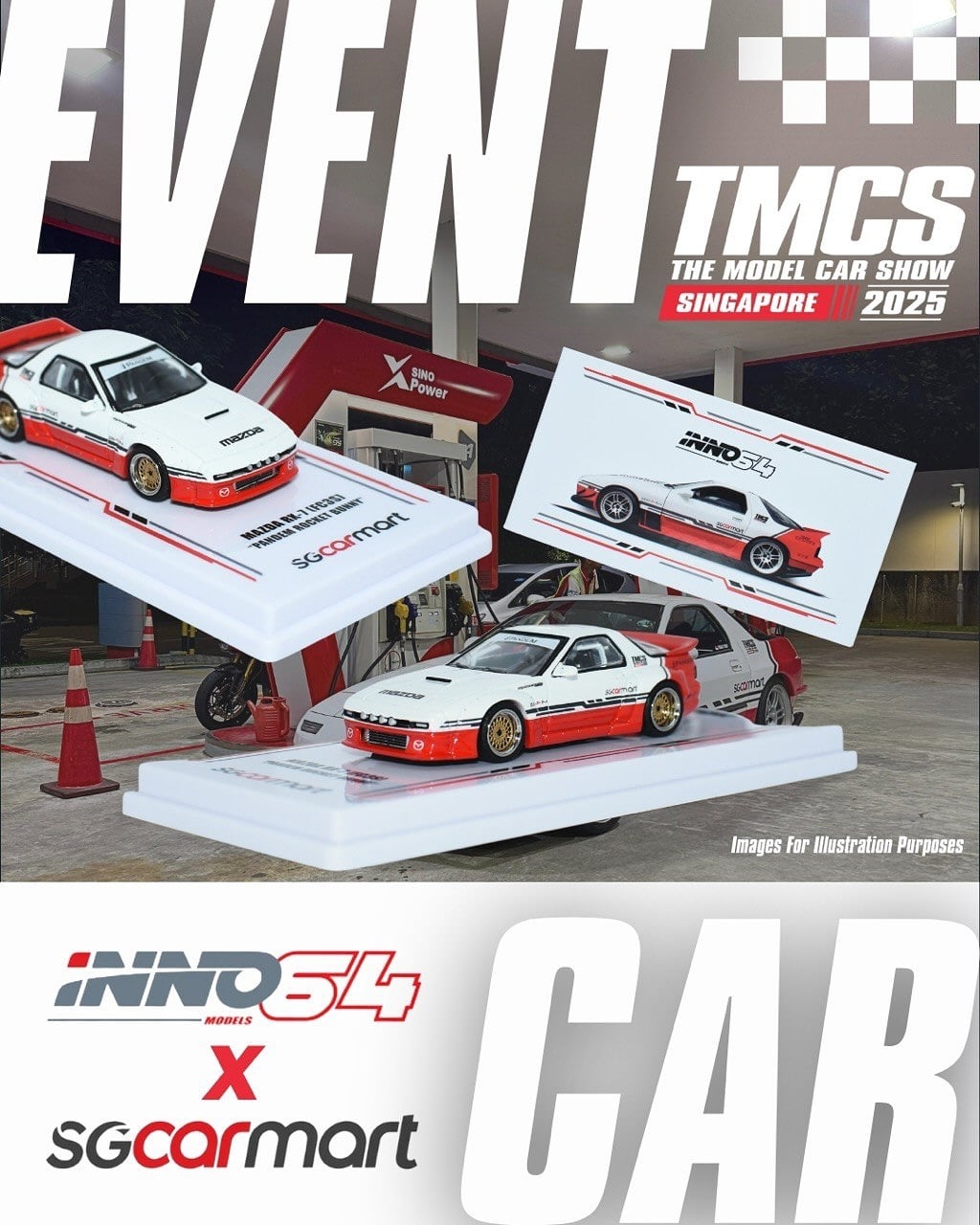 Inno64 1/64 Mazda RX-7 (FC3S) Pandem Rocket Bunny The Model Car Show Singapore 2025 Event Edition White & Red - IN64- RX7FCP-TMCSS25