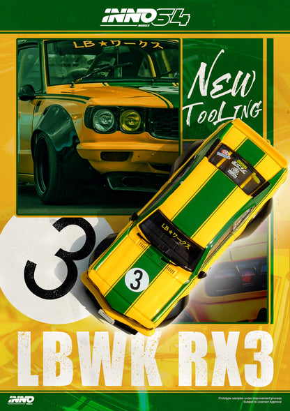 Inno64 1/64 LBWK Mazda RX-3 Savanna Yellow & Green