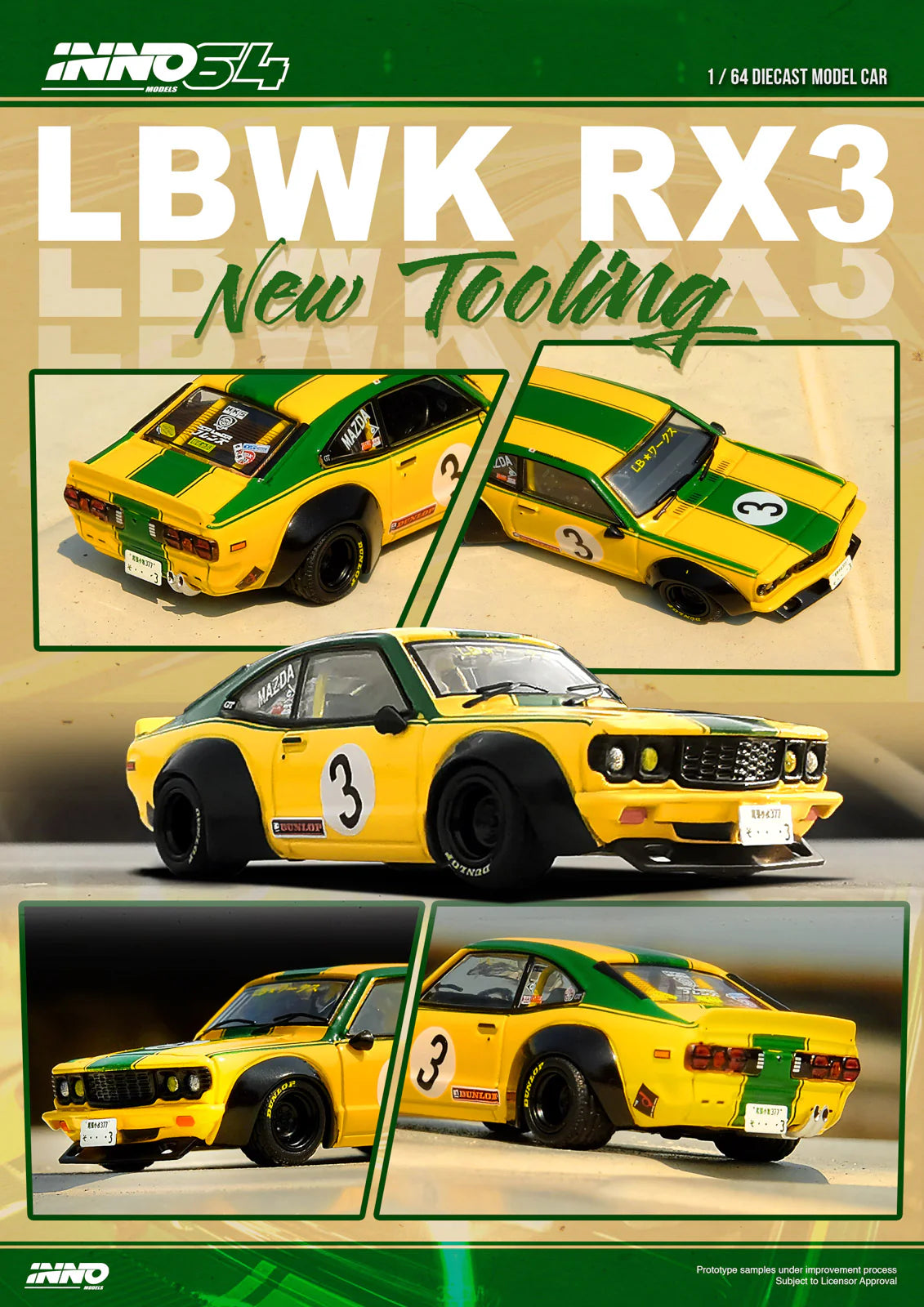 Inno64 1/64 LBWK Mazda RX-3 Savanna Yellow & Green