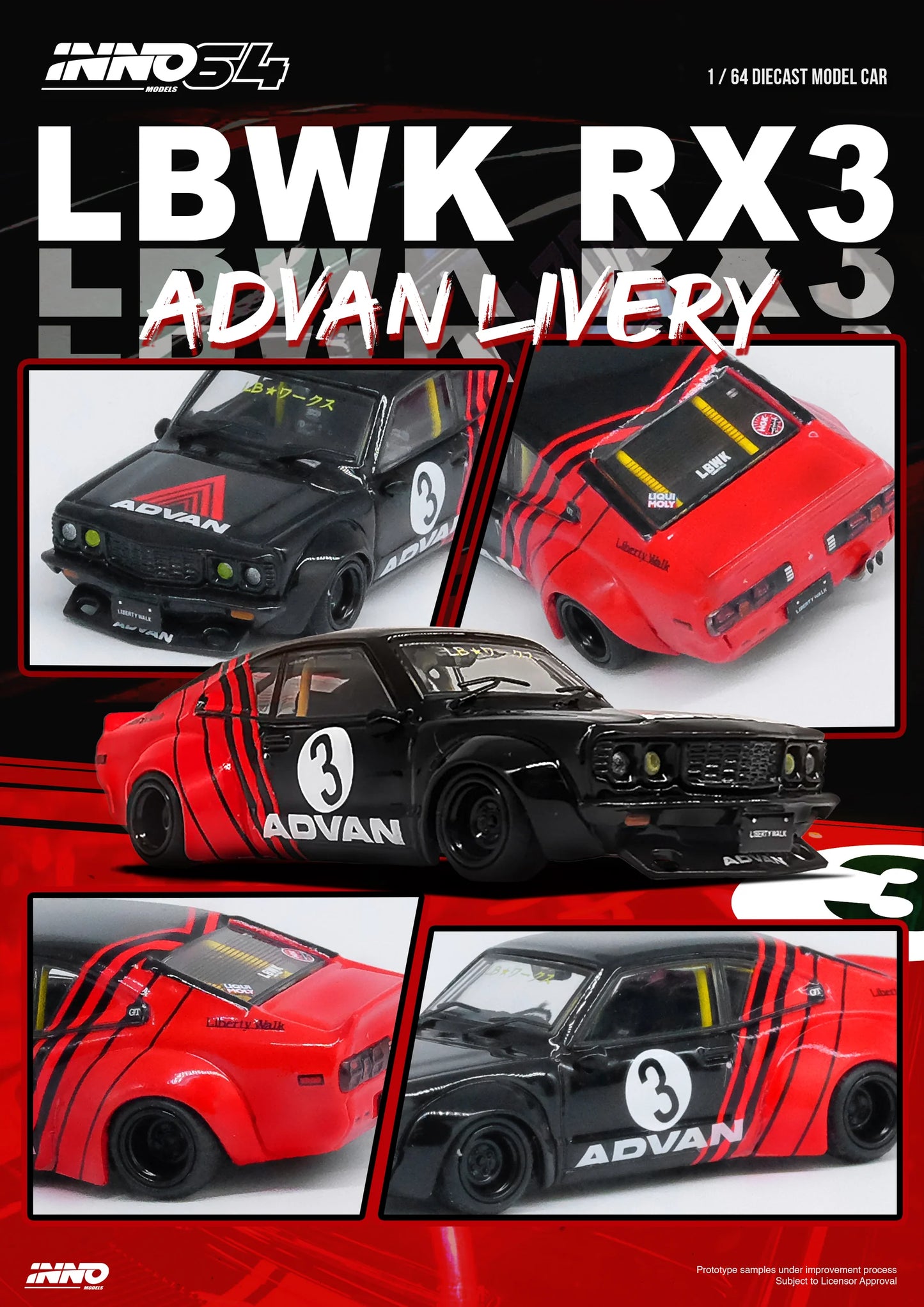 Inno64 1/64 LBWK Mazda RX-3 Savanna Advan Red & Black