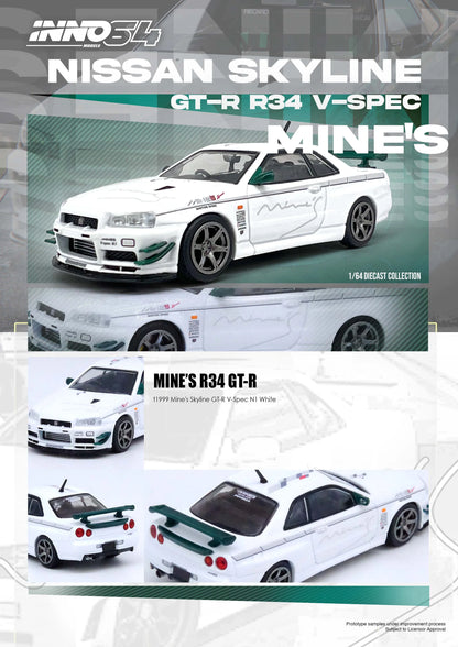 Inno64 1/64 Nissan Skyline GT-R R34 V-Spec N1 Tuned By Mine's White & Green