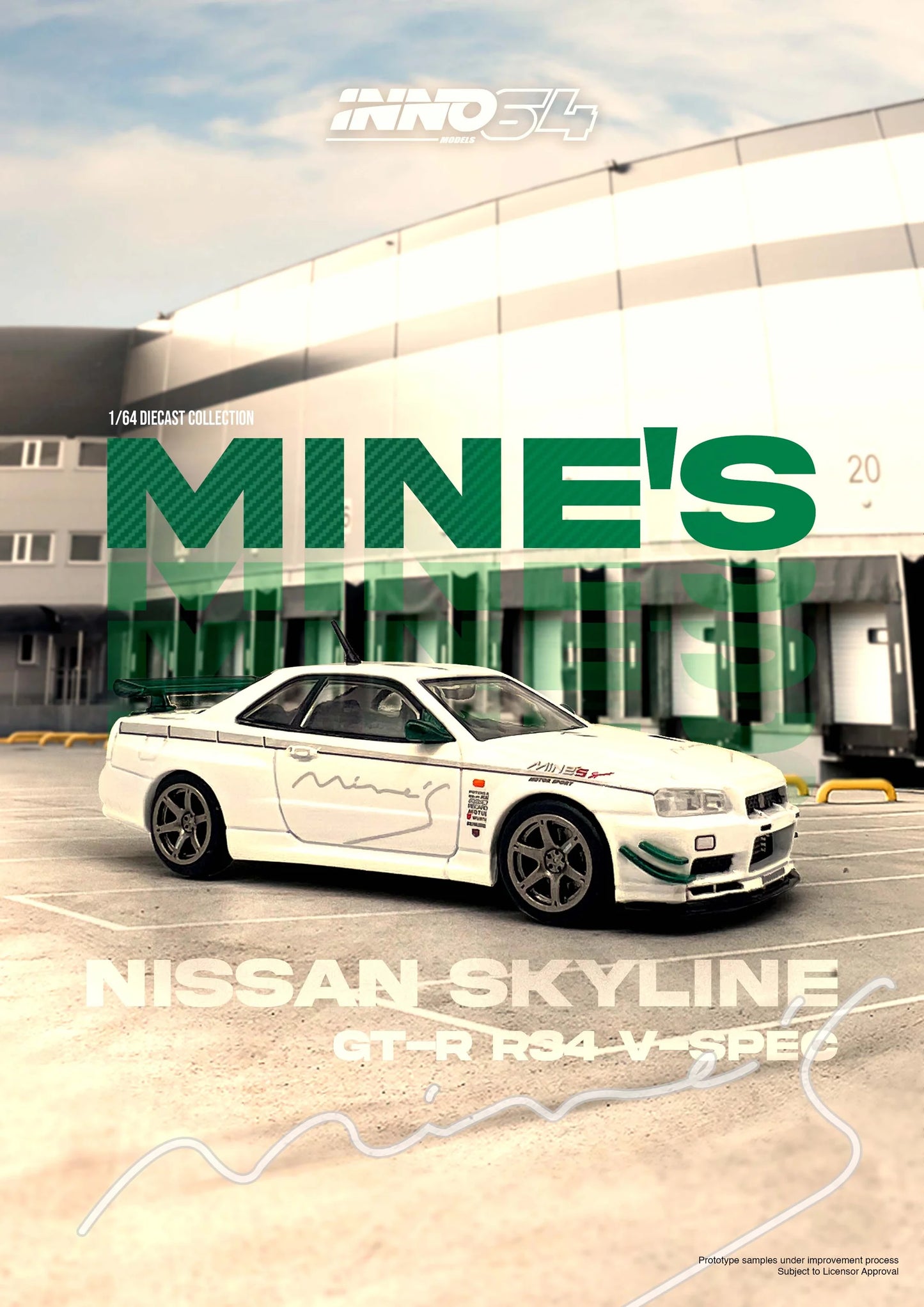 Inno64 1/64 Nissan Skyline GT-R R34 V-Spec N1 Tuned By Mine's White & Green