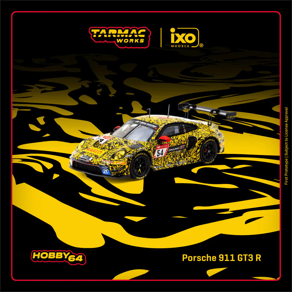 Tarmac Works x IXO 1/64 Porsche 911 GT3 R #54 Nurburgring 24h 2023  Yellow & Black - T64-084-23NUR54