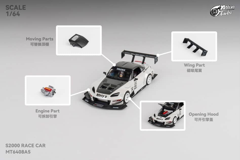 Micro Turbo 1/64 Honda S2000 Race Car Metallic White