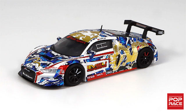 Pop Race 1/64 Audi R8 LMS Evisu Racing X Works Macau GT Cup 2020 Marchy Lee Presentation Car Blue & White - PR64-R8LMS-EVISU