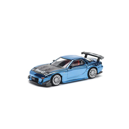 Pop Race 1/64 Mazda RX7 RE-Amemiya  Widebody Blue Chrome - PR64-0223