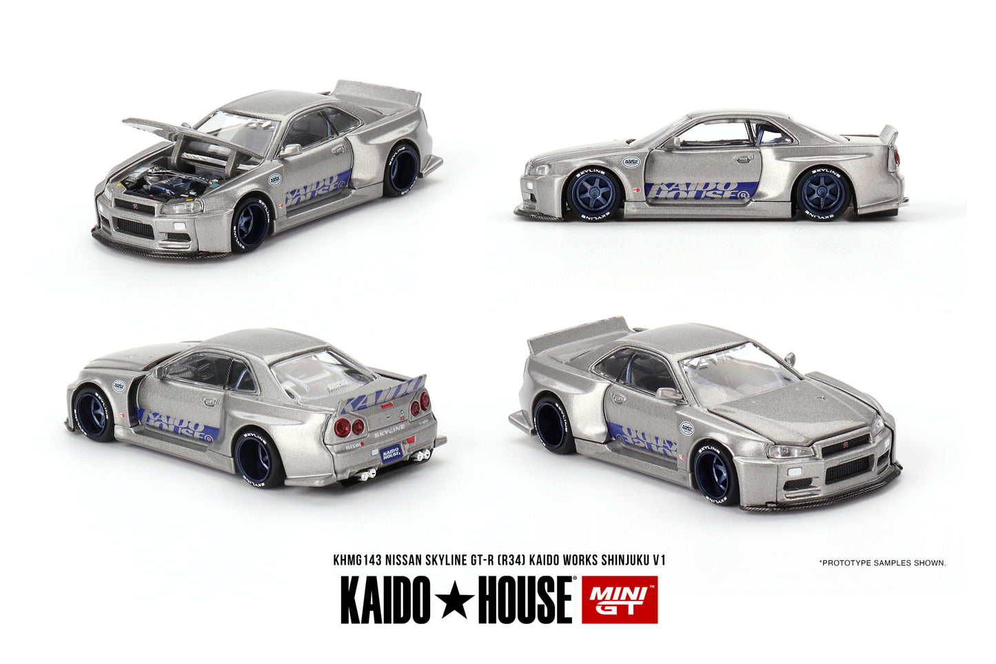 Mini GT x Kaido House 1/64 Nissan Skyline GT-R (R34) Kaido Works Shinjuku v1 Silver