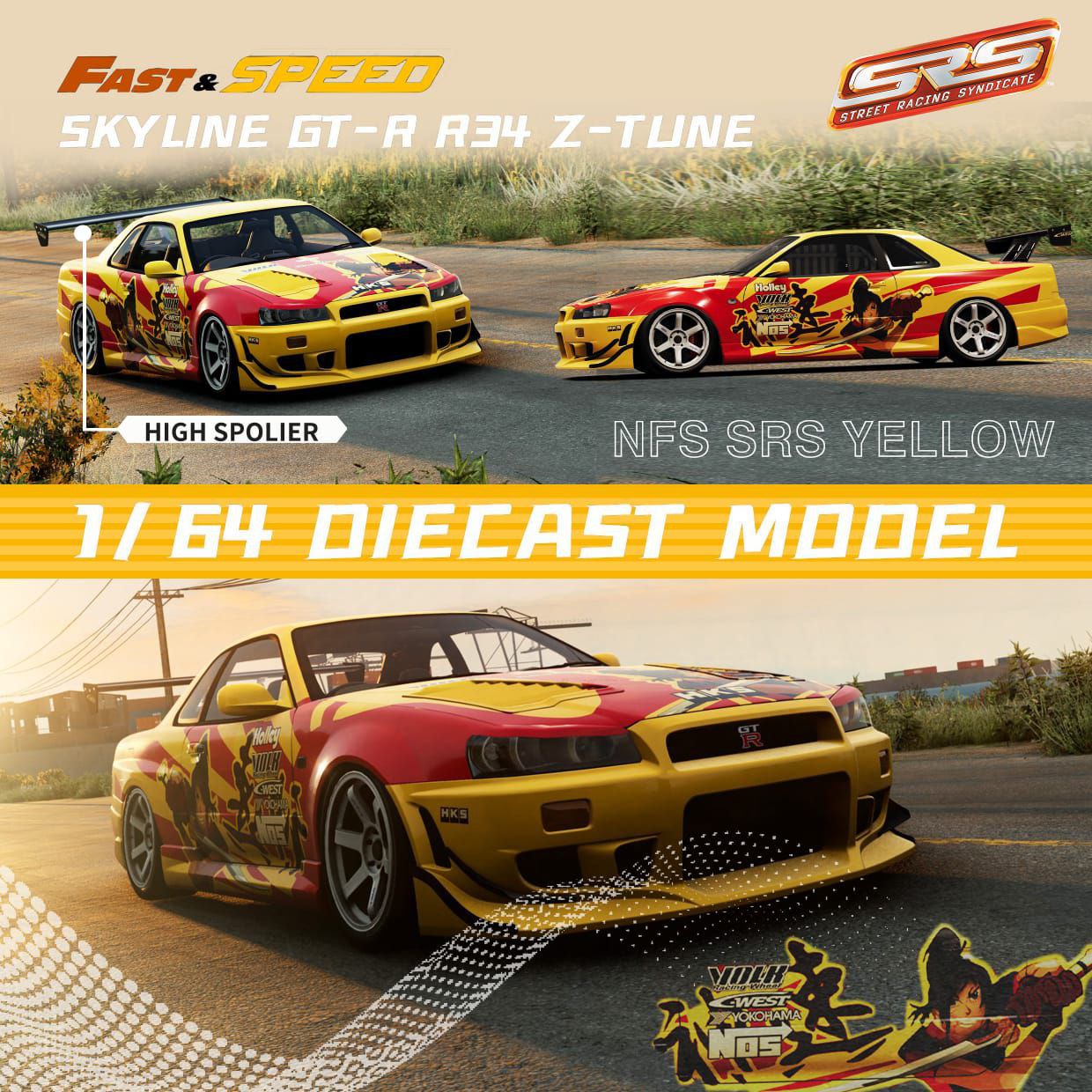 Fast & Speed 1/64 Nissan Skyline SRS Street Racing Syndicate GT-R R34 Yellow & Red