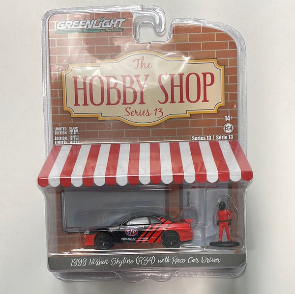 1/64 Greenlight The Hobby Shop Series 13 1999 Nissan Skyline (R34) w/ Race Car Driver Red & Black