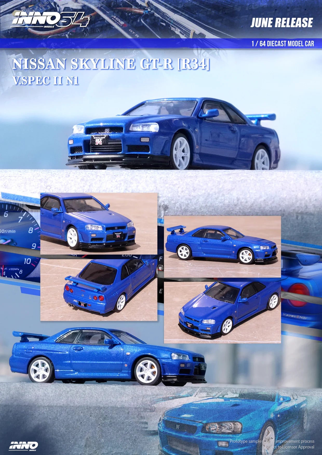 Inno64 1/64 Nissan Skyline GT-R (R34) V-Spec II Nur Bayside Blue
