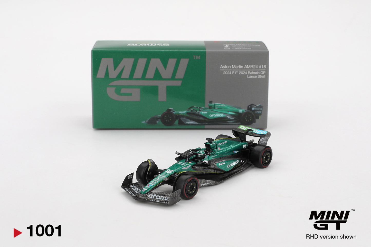 Mini GT 1/64 Aston Martin AMR24 #18 2024 F1 2024 Bahrain GP Lance Stroll Green - MGT01001 - Damaged Box