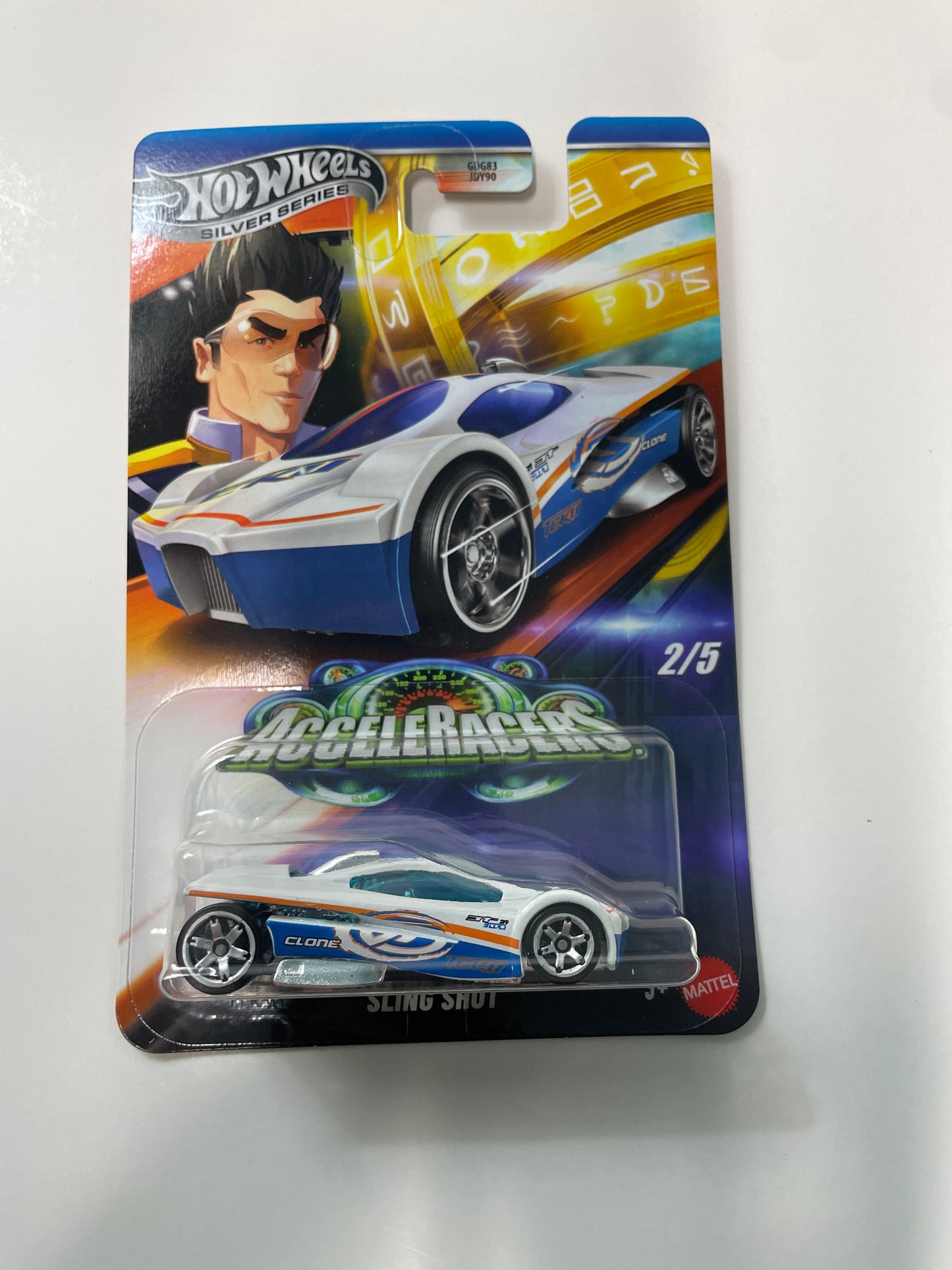 Hot Wheels 1/64 Silver Series Acceleracers Sling Shot Teku White/Blue - JCB94 (Euro Card)  - Damaged Box