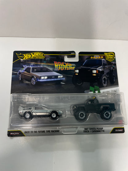 Hot Wheels 1/64 Premium Car Culture 2 Pack Back To The Future Time Machine Delorean & 1987 Toyota Pickup Truck/ Camionnette Black - JHW48 - Damaged Box