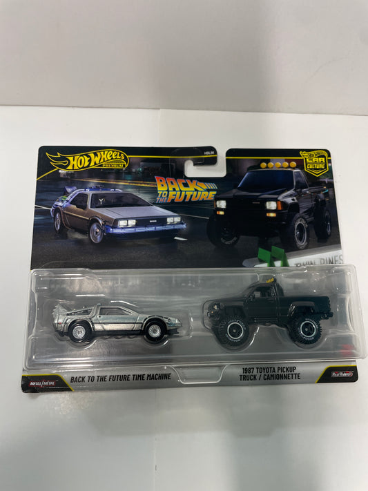 Hot Wheels 1/64 Premium Car Culture 2 Pack Back To The Future Time Machine Delorean & 1987 Toyota Pickup Truck/ Camionnette Black - JHW48 - Damaged Box